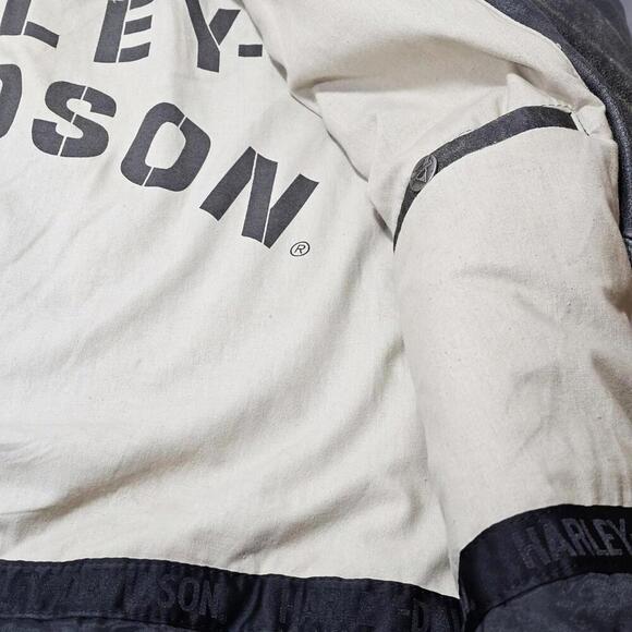 Harley Davidson Men Leather Jacket V Power Motorcycles Spell Out Logo Zip Coat L - Picture 7 of 15